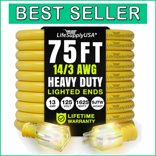 75ft Heavy Duty Extension Cord - Waterproof, Cold-Resistant 14/3 SJTW Power Cord