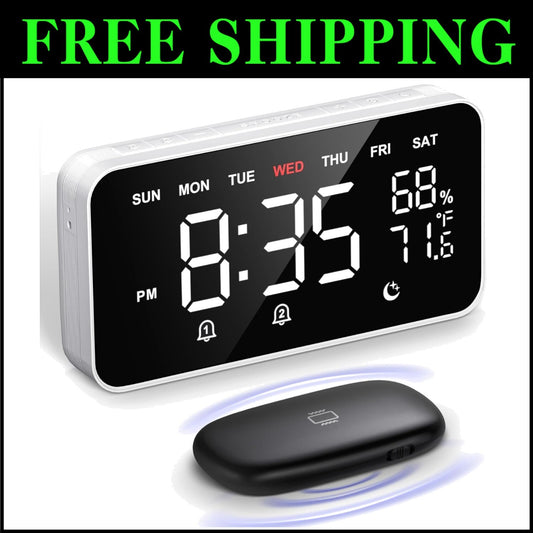 Loud Bed Shaker Alarm Clock - Wireless Vibrating Dual Alarm with Large Display