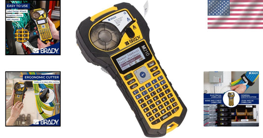 Compact Yellow/Black Label Printer with Adjustable Font & Quick Start Guide