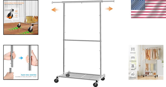 Versatile Rolling Clothes Organizer with Chrome Finish & Adjustable Height Rod