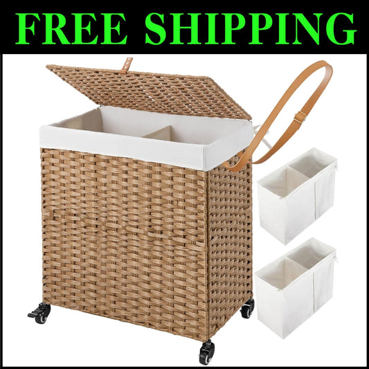 Elegant 110L Divided Laundry Basket with Wheels - Waterproof and Easy-Clean