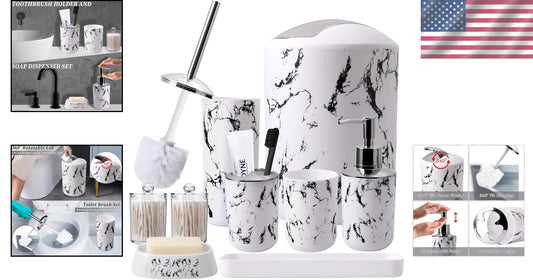 Complete White Marble Bathroom Collection - Trash Can, Soap Dispenser & More