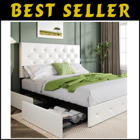 Elegant Full Size Upholstered Platform Bed with Storage Drawers - No Box Spring