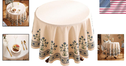 Farmhouse Vintage Linen Tablecloth for 67" Round Dining Tables - Floral Design