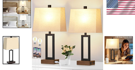 Stylish Bedside Table Lamp Duo with 2 USB Charging Ports & Elegant Linen Shades