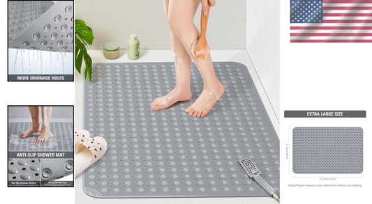 Durable Dark Grey TPE Anti-Slip Shower Mat with Suction Cups - 47.2"x31.5"