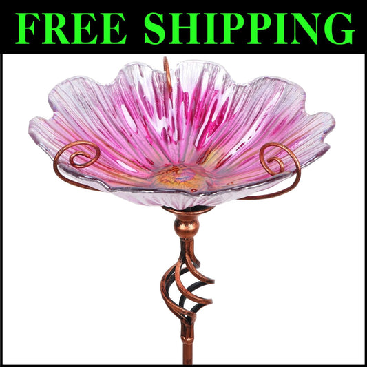 Charming 31-Inch Pink Glass Birdbath with Stake - A Delight for Birds and Homes