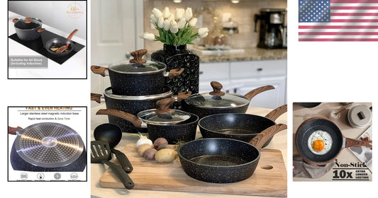 Luxury Induction-Friendly Granite Black Cookware Set - 12 Pieces Included