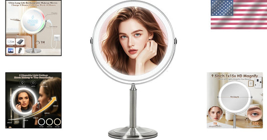 Lighted 9" Travel Makeup Mirror with 15X Magnification - Elegant Pearl Nickel