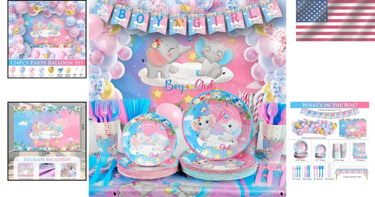 327Pcs Gender Reveal Party Supplies for 25 Guests – Elephant Theme Celebration