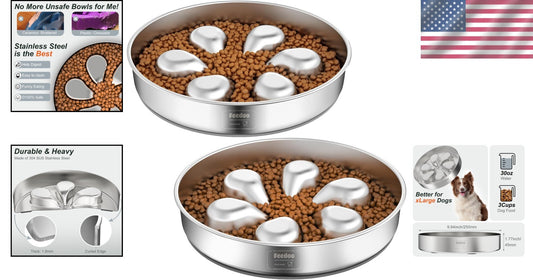Non-Slip Slow Feeder Dog Bowls - 304 Stainless Steel & Dishwasher Safe, 2 Pack