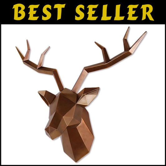 Handcrafted Geometric Deer Head Wall Decor in Antique Copper Finish - 19"