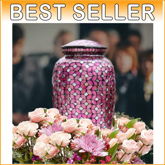 Elegant 200 Cu In Deep Pink Mosaic Glass Urn - Handcrafted Memorial for Ashes