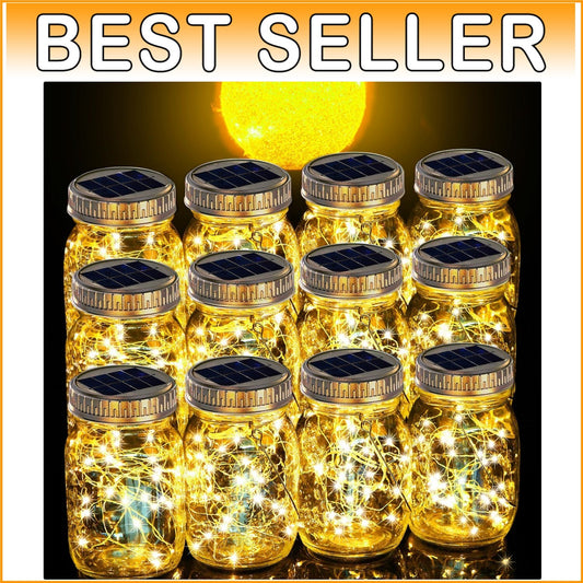 12 Pack Solar Mason Jar Lights - 30 LED Crystal Glass Lanterns with Large Panels