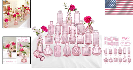 Elegant Set of 24 Pink Glass Bud Vases – Vintage Decor for Weddings & Events