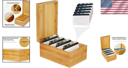Elegant Bamboo Index Card Holder - 4x6 Inch with A-Z Dividers & Magnetic Closure
