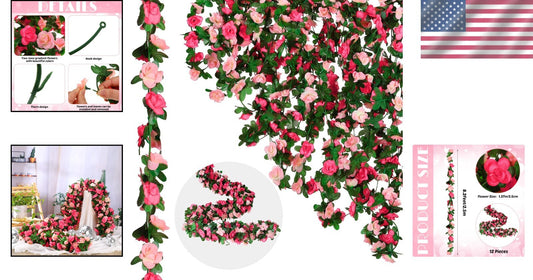 Vivid 12 Pcs Flower Vine Garland - 100 ft Silk Rose Decor for Any Occasion