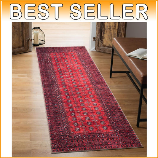 Durable Machine Washable Rug 2x10 - Red Geometric Pattern for High Traffic Areas