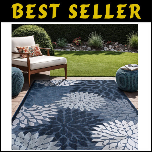 Stain Resistant Navy Blue Floral Area Rug 6x9 for Indoor & Outdoor Elegance