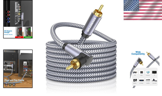 50ft Right Angle RCA Cable with Gold-Plated Connectors for Subwoofer & TV