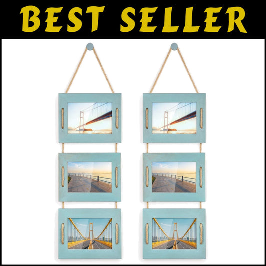 Vintage Hanging Picture Frames Set: Ocean Blue 5x7 & 3.5x5 Distressed Decor