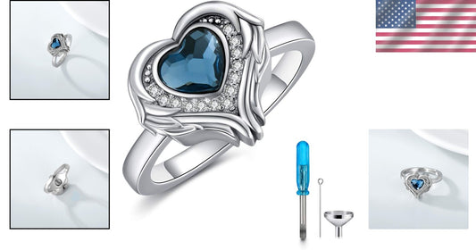 925 Sterling Silver Heart Urn Ring with Blue Crystals - Keepsake for Loved Ones