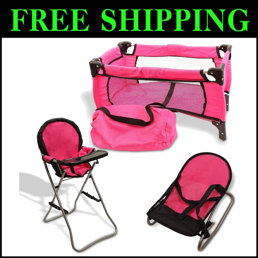 3-in-1 Pink Baby Doll Accessories Set - Crib, Bouncer & High Chair for 18" Dolls