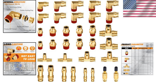 34 Pcs Brass DOT Air Brake Fittings Kit - Quick Connect for Trucks & Industry