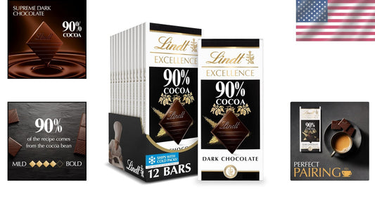 EXCELLENCE 90% Cocoa Dark Chocolate – Perfect for Pairing or Baking, 12 Bars