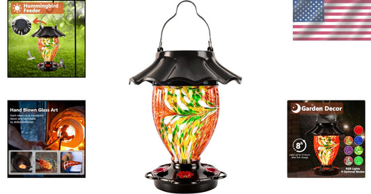 Color Changing Solar Hummingbird Feeder - Hand Blown 32 fl.oz Glass Lantern