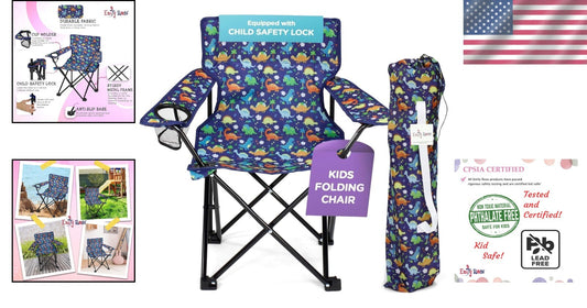 Portable Kids Folding Chair with Safety Lock & Cup Holder - Playful Dinosaurs