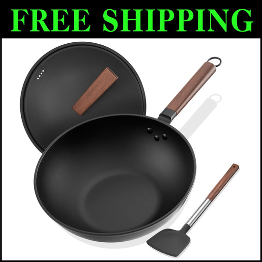 High-Temperature Carbon Steel Wok, 13-Inch with Vertical Lid & Non-Stick Spatula