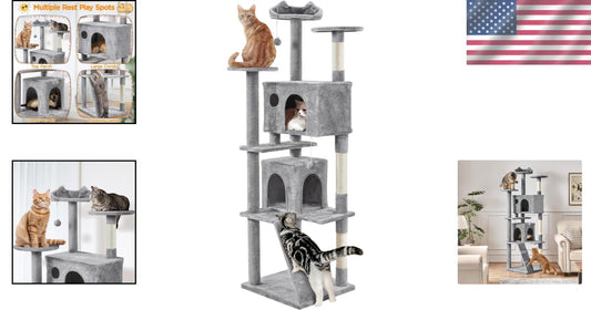 80in Tall Multi-Level Cat Tree with Scratching Posts & Double Caves - Light Gray
