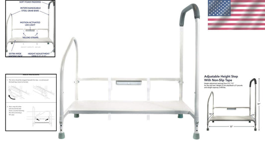 Stainless Steel Bed Step Stool & Rails with Motion LED Light for Fall Prevention