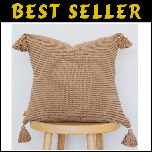 Stylish 100% Cotton Mocha Pillow Cover - 18x18 with Hidden Zipper & Tassels