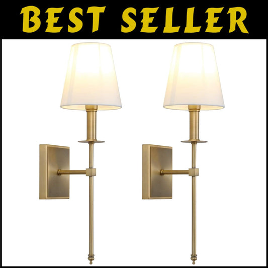 Classic Brass and White Fabric Wall Sconce Set for Living and Dining Rooms