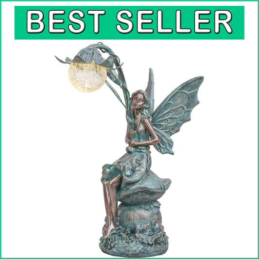 Enchanting Patina Bronze Fairy with Solar Glow Light – Decorative Garden Gift