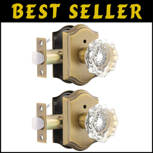 2-Pack Crystal Privacy Door Lock Sets - Antique Brass Knob with Push Button Lock