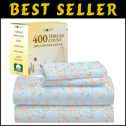 4-Piece Floral Pattern King Sheets Set - 400 Thread Count, Premium Sateen Fabric
