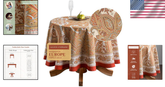 Round Cotton Tablecloth 63 Inches - Elegant Kashmir Paisley for All Occasions