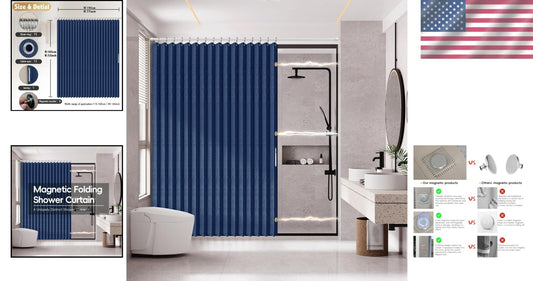 Waterproof Accordion Shower Curtain - Space-Saving Magnetic 1 Panel, Dark Blue