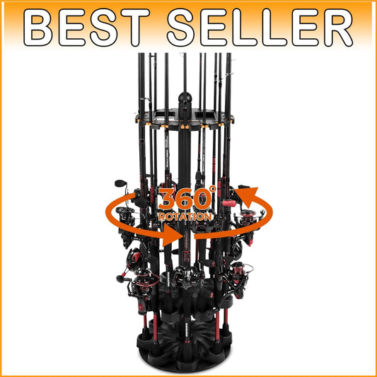 V16 Fishing Rod Rack with Rotating Base - Holds 16 Rods, Space-Saving Design