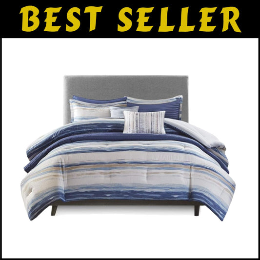Serene Watercolor Stripe Bedding Set - Includes Comforter and Decorative Pillows