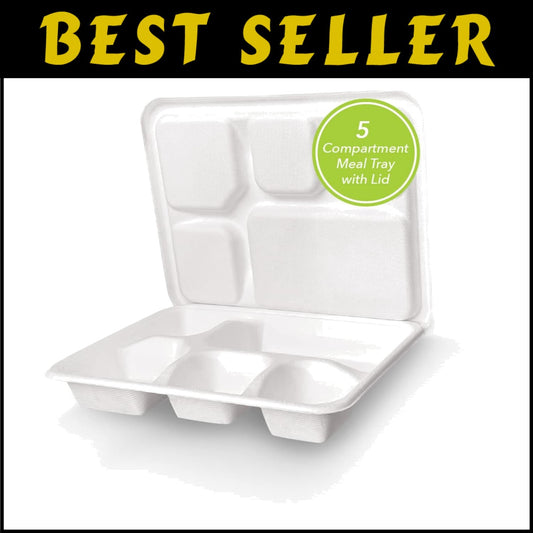 Heavy-Duty 5-Compartment Eco-Friendly Meal Tray Set - 200 Biodegradable Plates