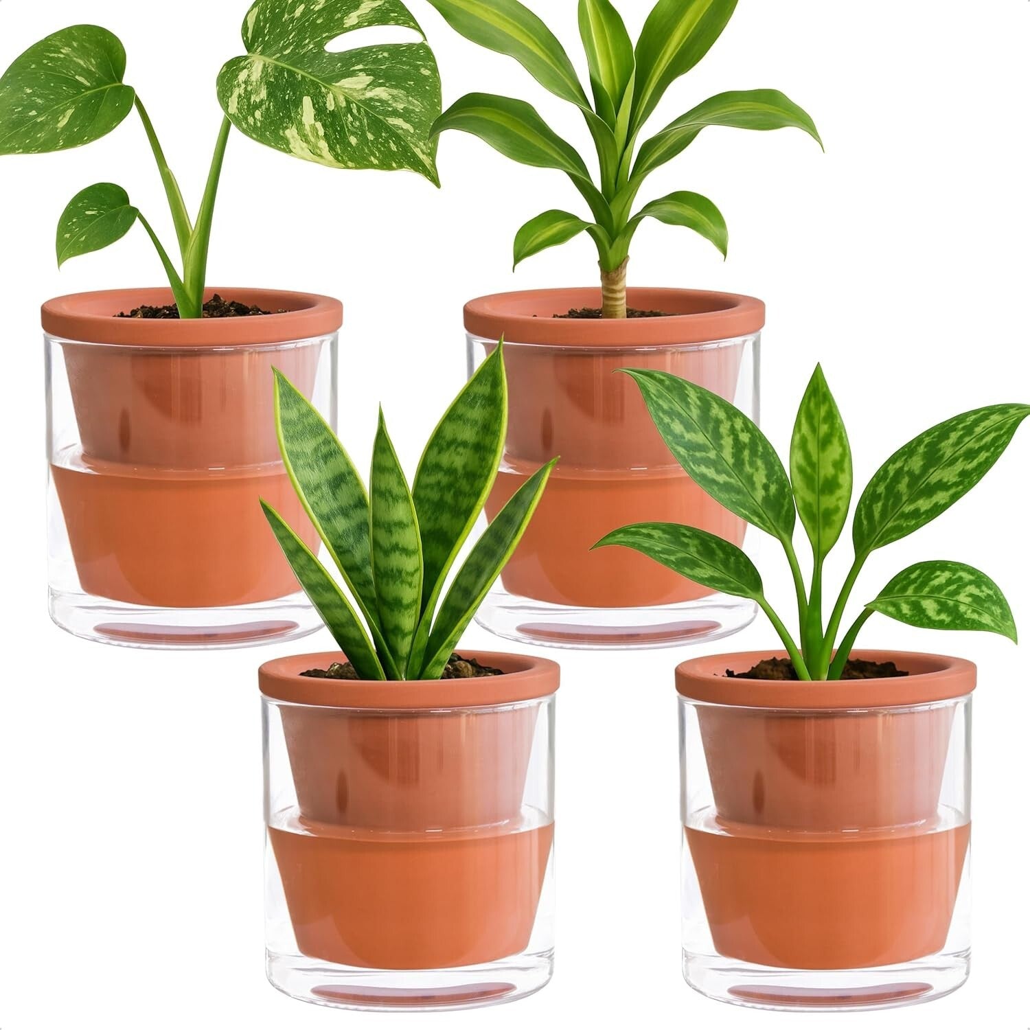 Handcrafted 4-Inch Self-Watering Planter Set with Terracotta Pots and Glass Cups