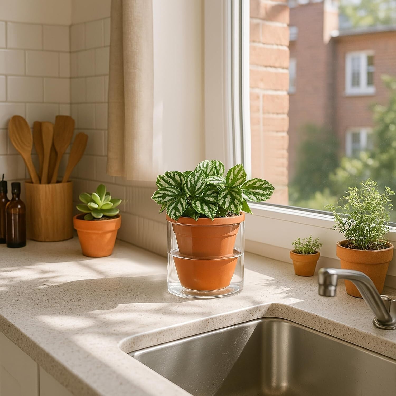 Handcrafted 4-Inch Self-Watering Planter Set with Terracotta Pots and Glass Cups