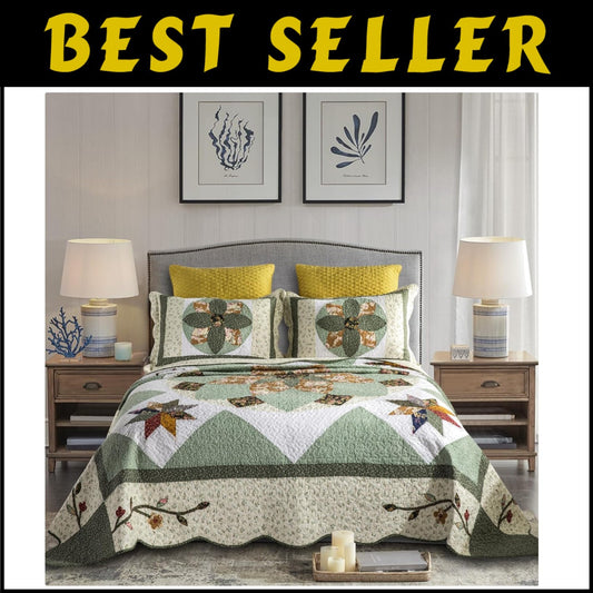 Breathable King Size Patchwork Quilt Set - Eco-Friendly Cotton Floral Design