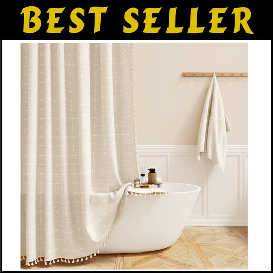 Luxurious 72x84 Inch Water-Repellent Linen Blend Shower Curtain with Tassels