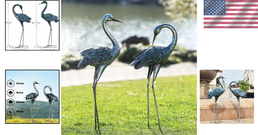 Charming Garden Crane Statue Set - Elegant Blue Heron Yard Art for Outdoor Decor