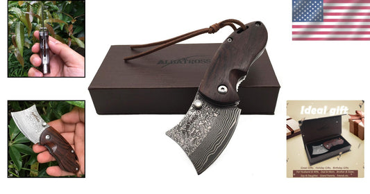 2" Damascus Folding Pocket Knife with Sandalwood Handle - Perfect for Camping